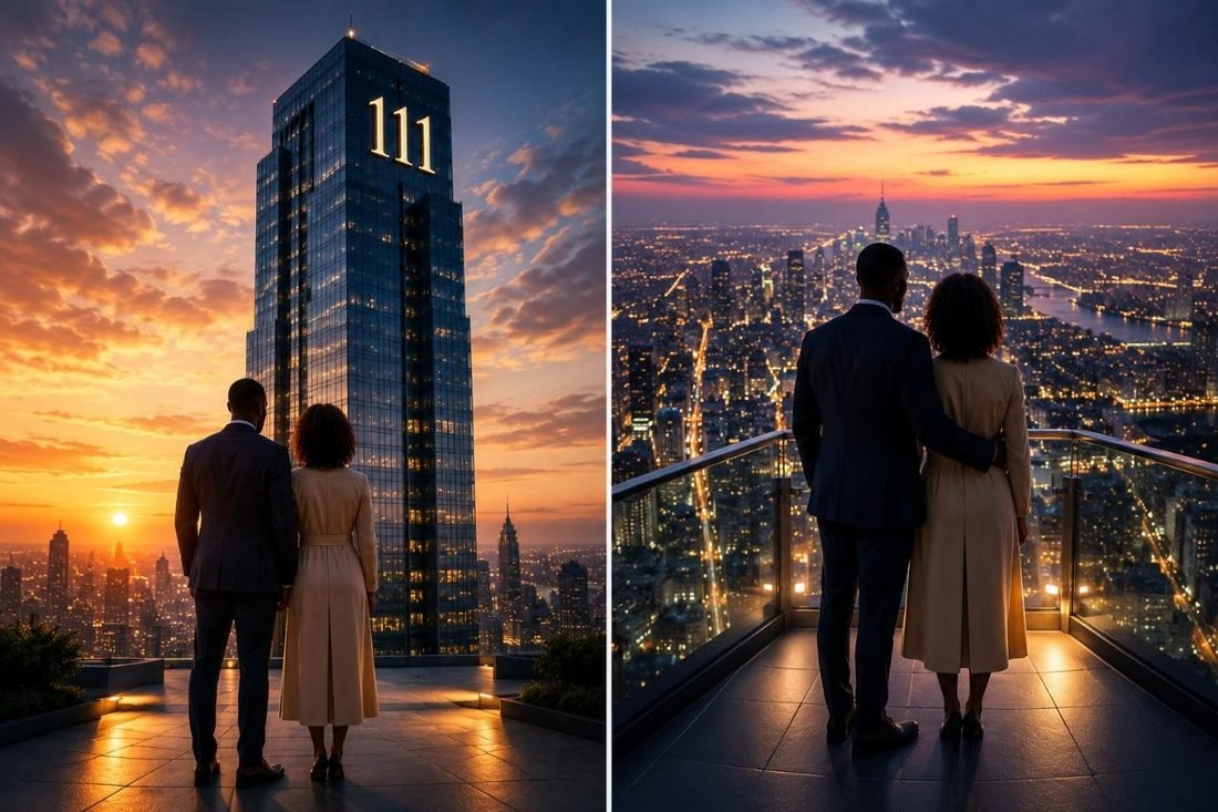 The Skyscraper Marriage Revival — twin towers joined by a golden bridge